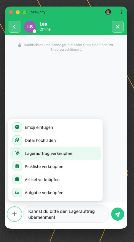 beeUnity Chat WMS Billbee: Lagerauftrag und Aufgabe verknüpfen