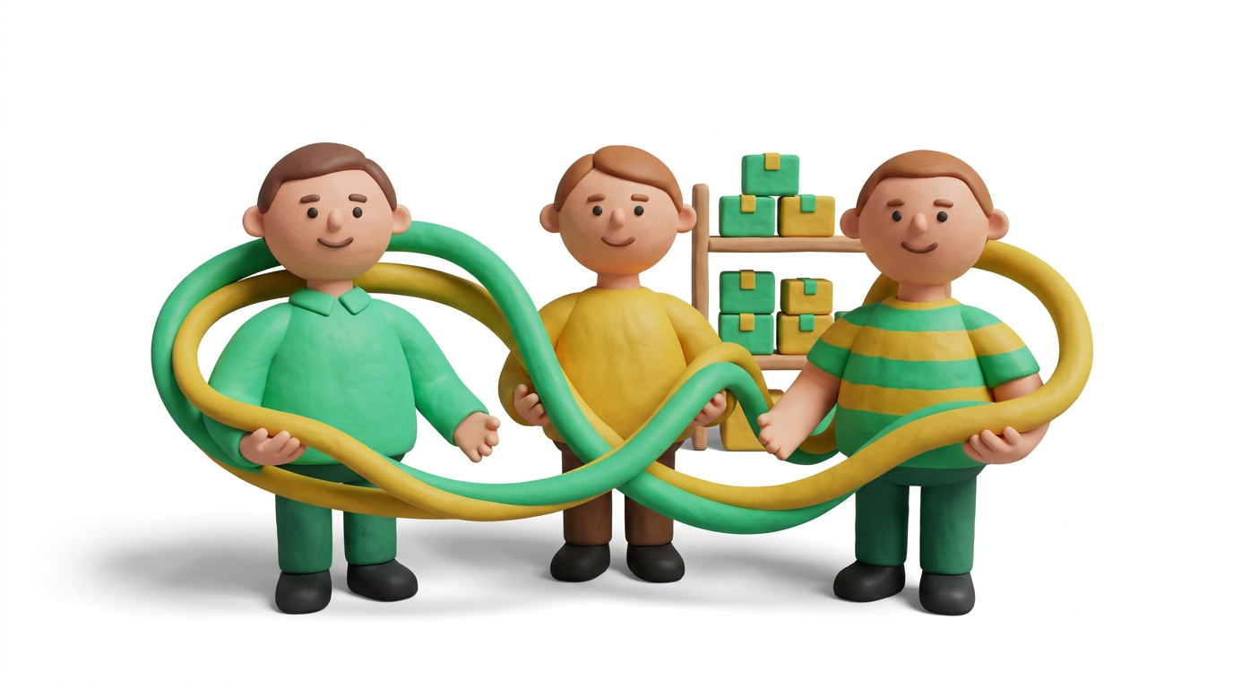 Illustration: Team im Lager spricht über Versand und Kommissionierung