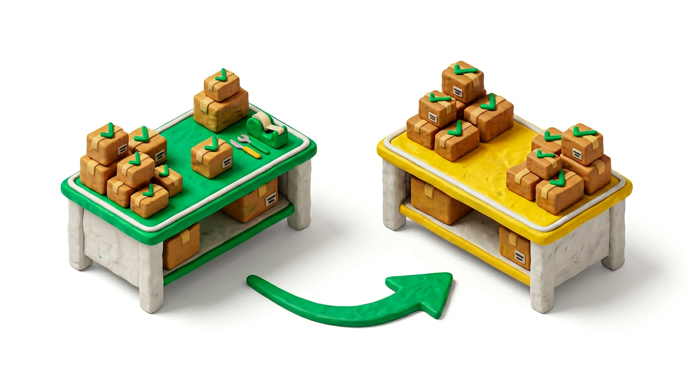 Illustration: zwei Packplätze und unklare Zuordnung von Aufträgen im Lager