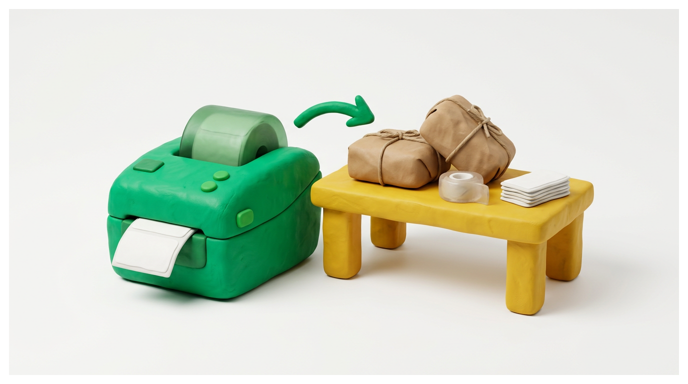 Illustration: Etikettendrucker weit weg vom Packplatz