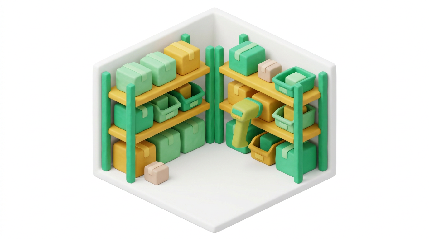 Symbolbild: Lager und Scan im stilisierten 3D-Knetlook