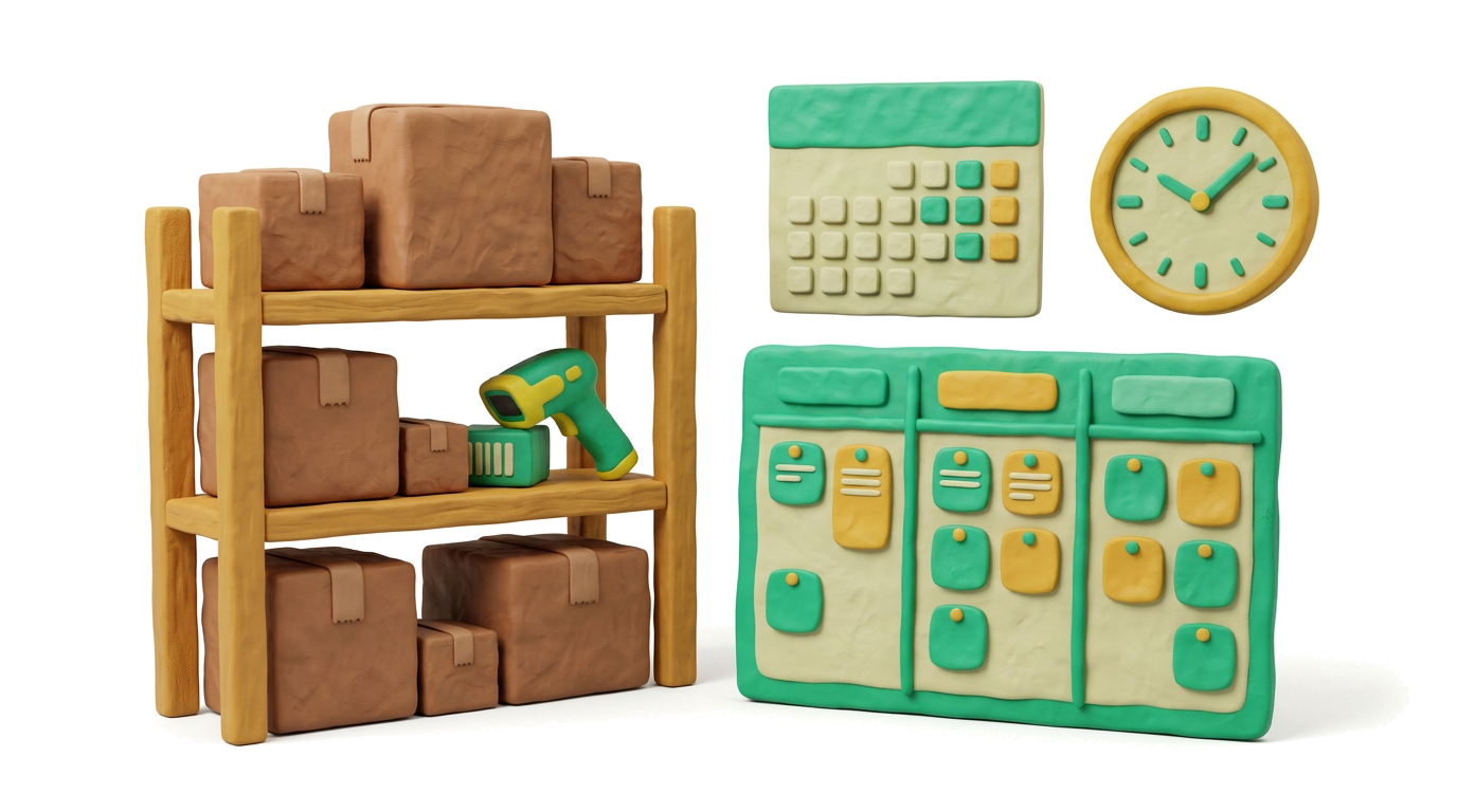 Illustration: Lager, Aufgaben, Kalender und Zeiterfassung – Business-Module im Überblick