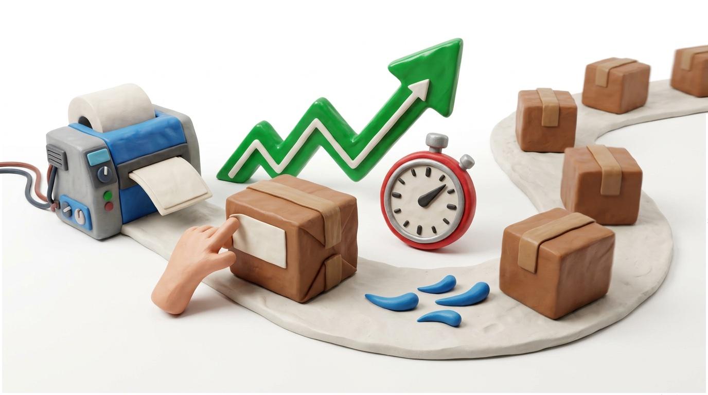 Illustration: Verpackung und Etikettierung im Versand-Workflow