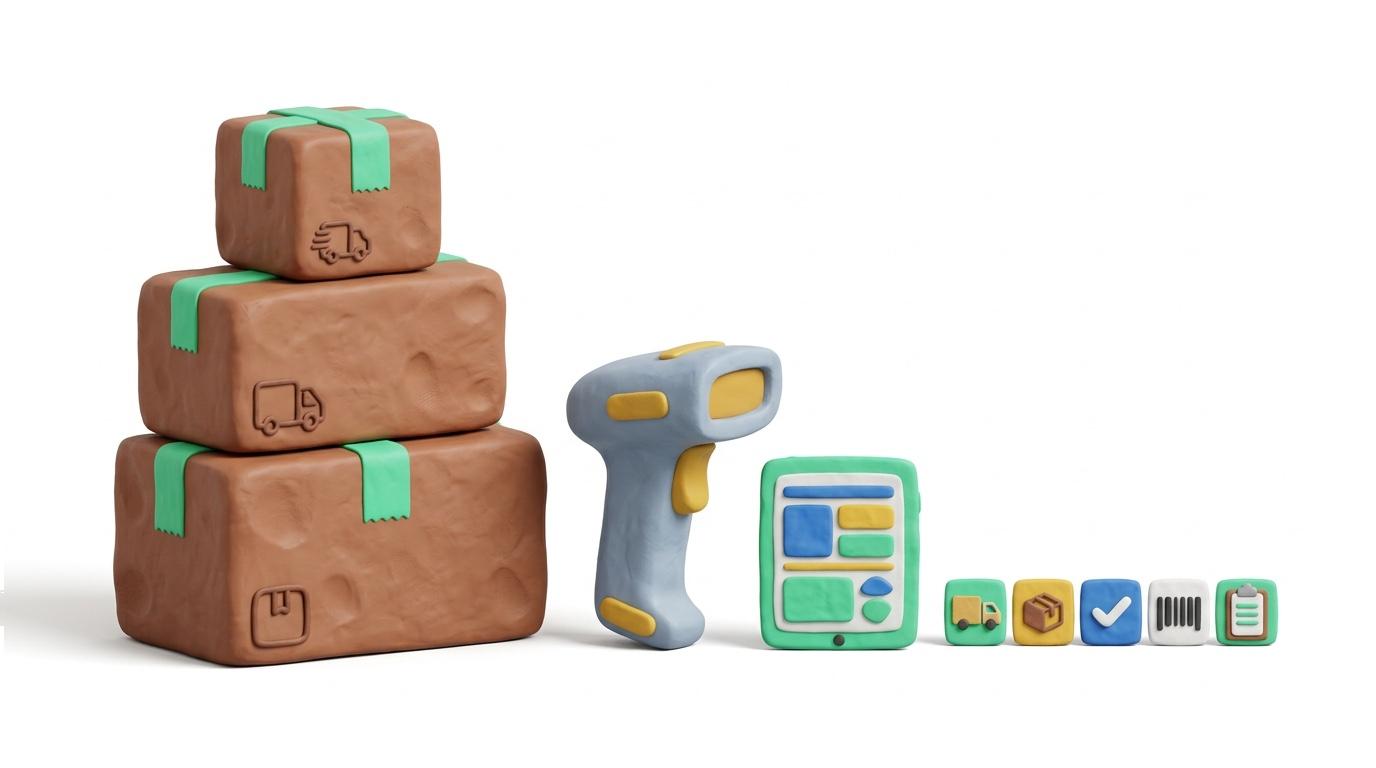 Illustration: modulare E-Commerce-Suite mit Versand, Scanner und Paketen