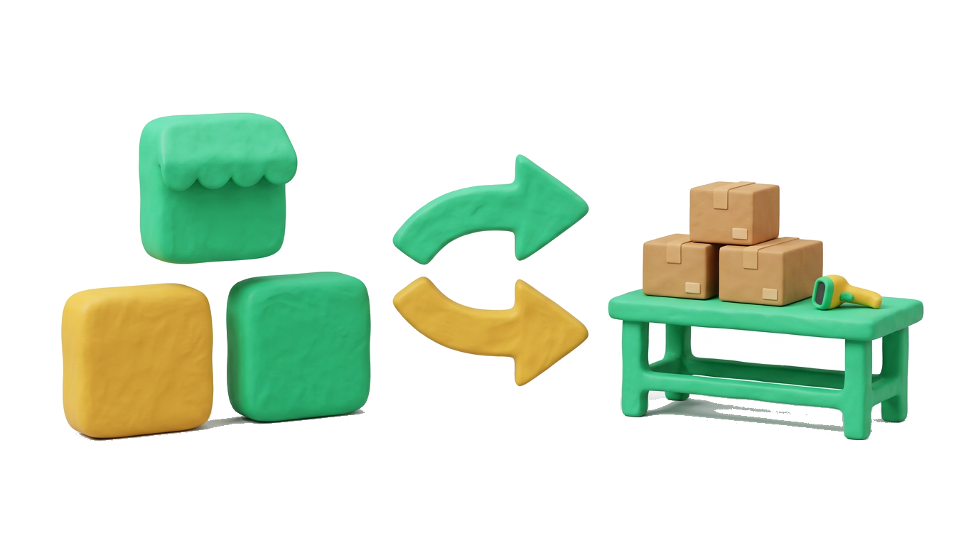 Illustration: Vertriebskanäle, Pfeilfluss und Packtisch mit Paketen (beeUnity)