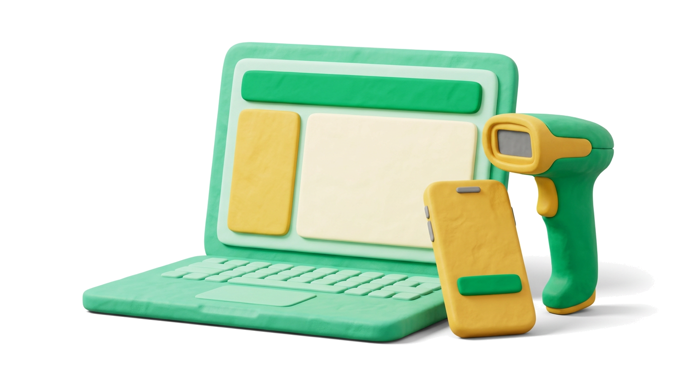 Illustration: WebApp im Browser, Mobilgerät und Scanner