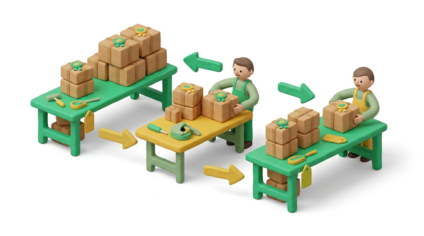 Symbolbild: mehrere Packplätze und hoher Tagesdurchsatz, positiver WMS-Workflow in Grün und Gelb
