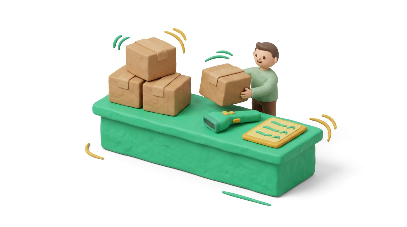 Symbolbild: überschaubares Versandvolumen, Scanner und Pakete in beeUnity-Grün und Gelb (#00C069, #E8C547)