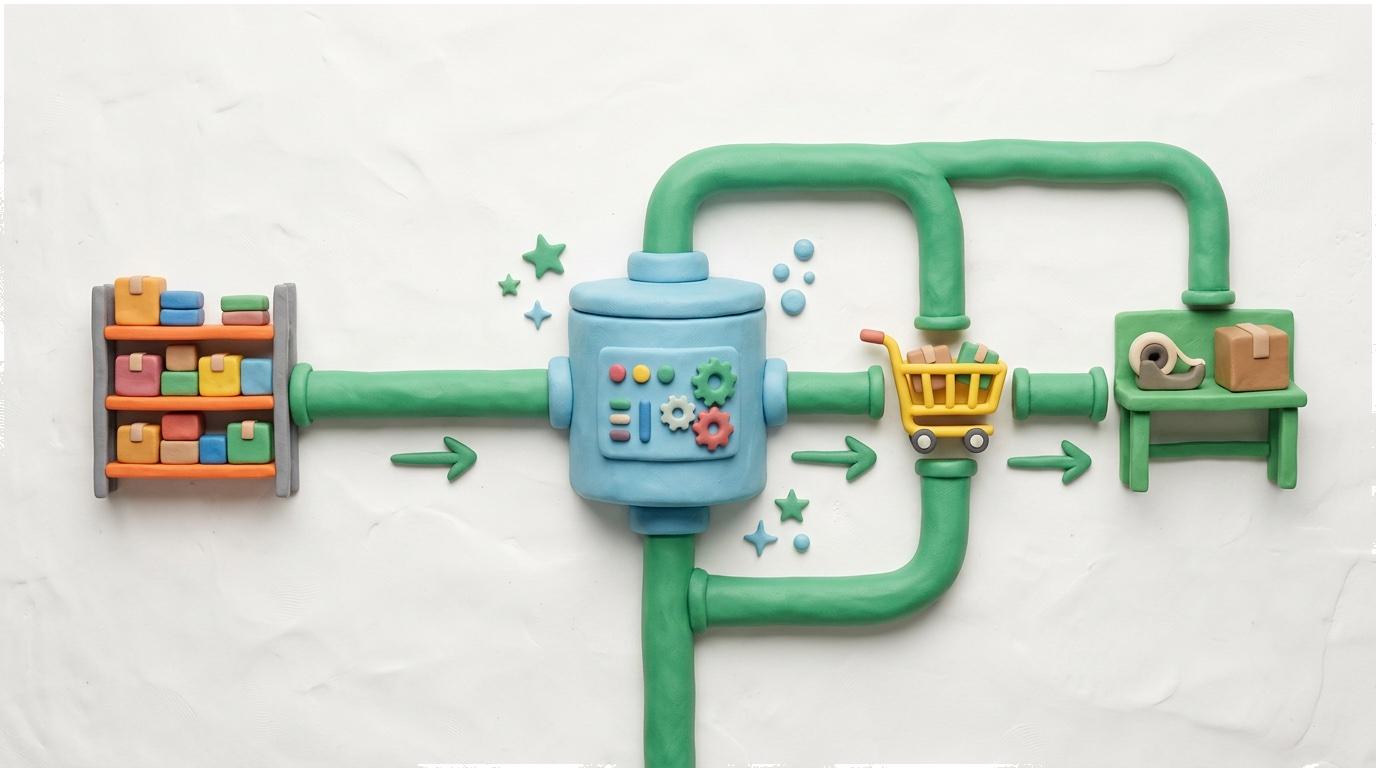 Illustration: Lagerstruktur und Pick-&-Pack-Workflows verbunden