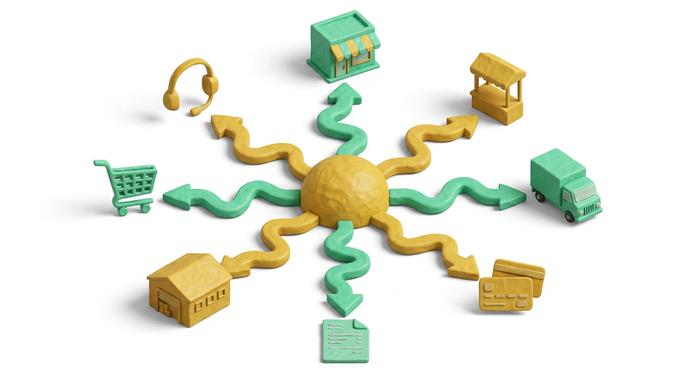 Grafik: Kanäle und Stammdaten bündeln sich – Multichannel-Hub in Grün und Gelb