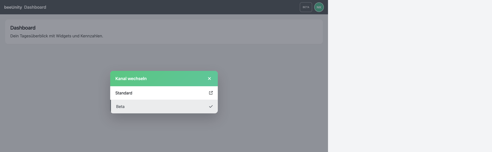 Desktop: Dialog Kanal wechseln mit Standard und Beta