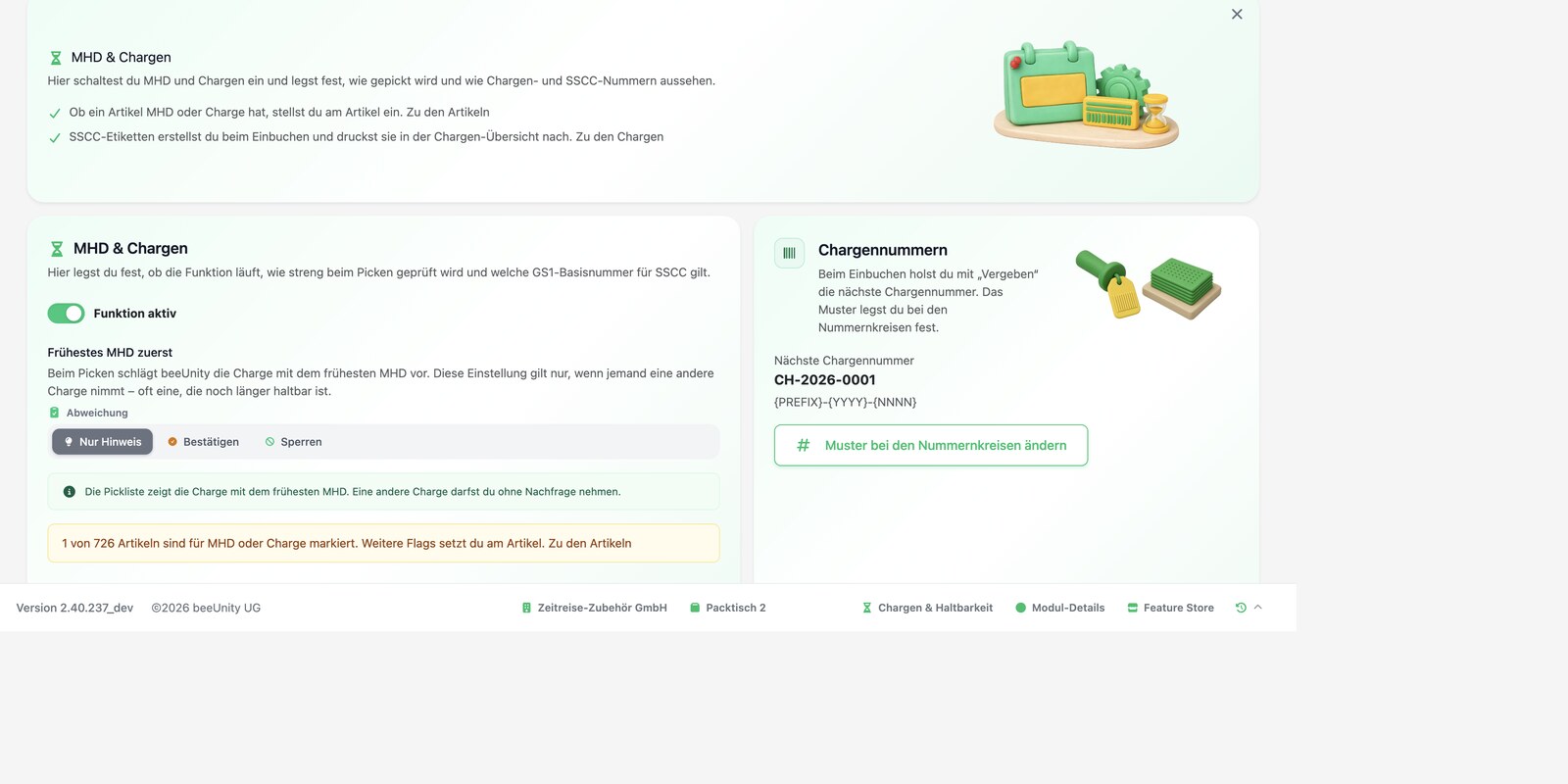Karte Chargennummern mit nächster Nummer und Link zu den Nummernkreisen