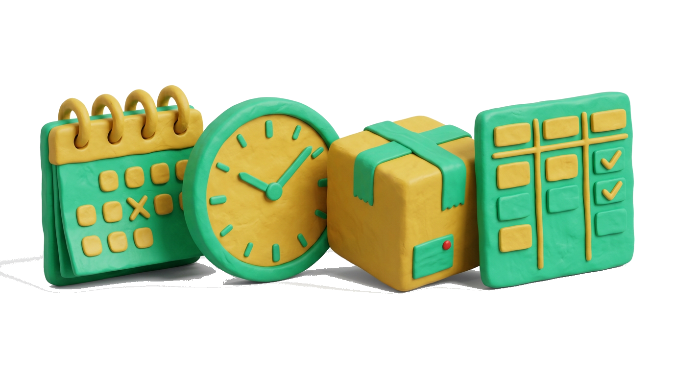 Illustration: B2B-Module – Kalender, Zeiterfassung, Versand, Kanban