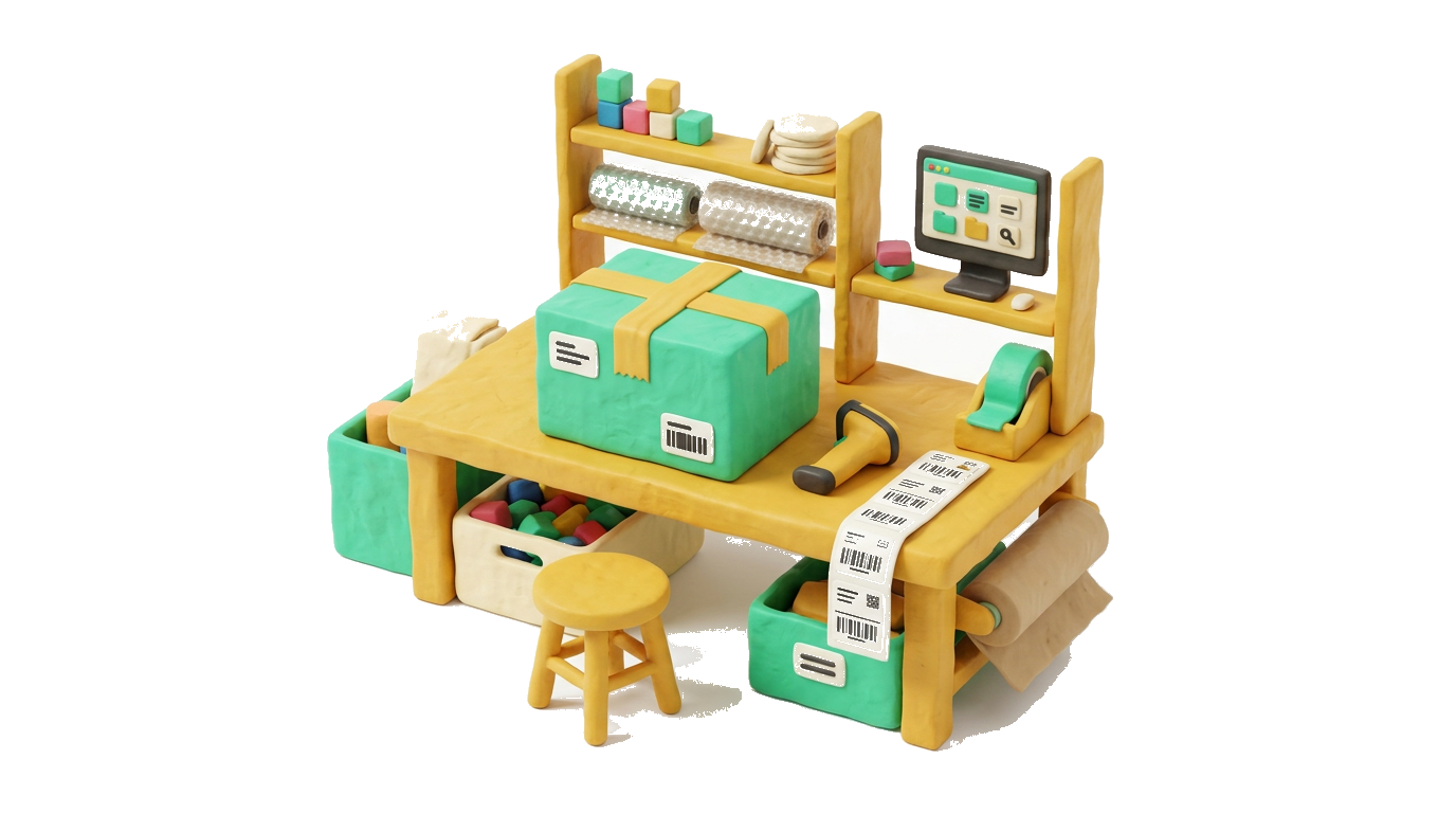 Illustration: strukturierte Packstation mit Stationen, Scanner und übersichtlichem Ablauf (beeUnity)