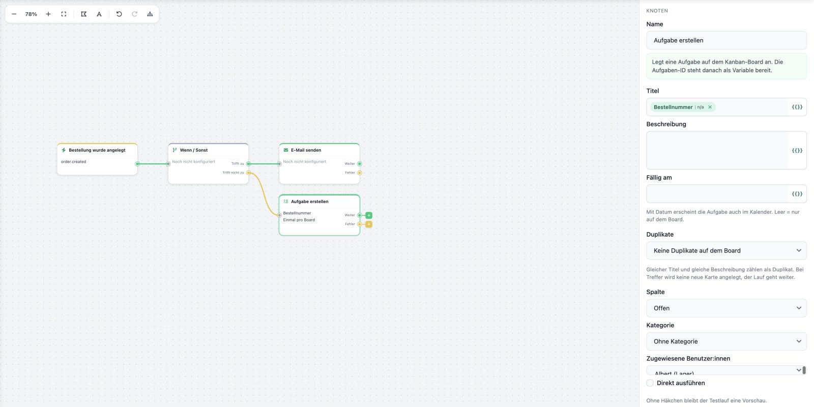 Automations-Editor mit geöffneten Eigenschaften einer Aktion